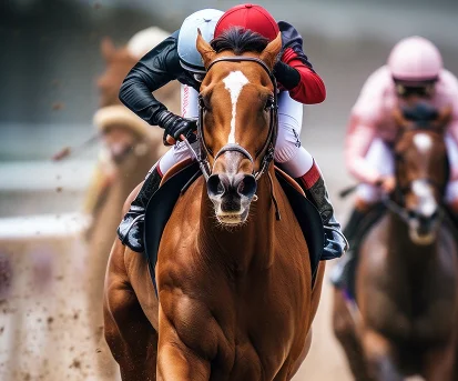 cheval de course avec jockey en gros plan pendant la course