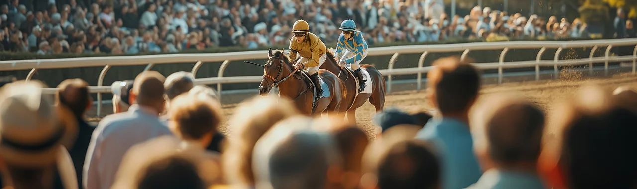 course hippique avec chevaux et jockeys devant une foule